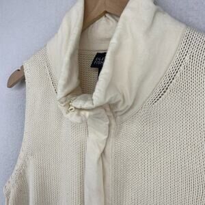 EILEEN FISHER Sweater Vest L Organic Cotton Chunky Full Zip Mock Neck Off White